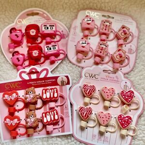 Cook With Color 24pc Valentines Day Straw Toppers Silicone Heart Bear 10mm Caps